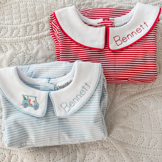 Long Sleeve Striped Boy Bubble- Custom Collar