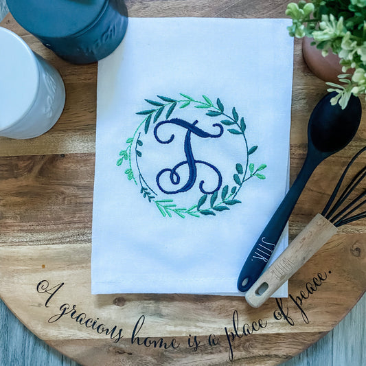Custom Monogram Foliage Tea Towel